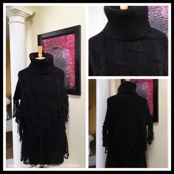 BLACK PONCHO PULLOVER FRINGE CAPE SWEATER A3C - Picture 4 of 7